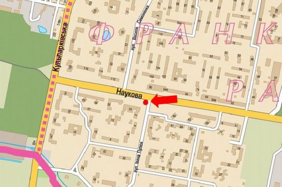 Схема рекламной плоскости по адресу Научная ул., 49, разделитель, возле ПУМБ, супермаркета, в сторону Кульпарковской ул.