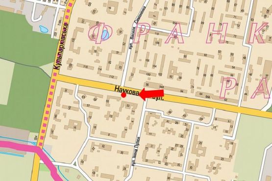 Схема рекламной плоскости по адресу Научная ул., 53, разделитель, возле супермаркета, в сторону Кульпарковской ул.