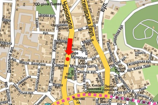 Схема рекламної площини за адресою Черновола пр., 11, разделитель, возле ресторана "Кумпель", в центр