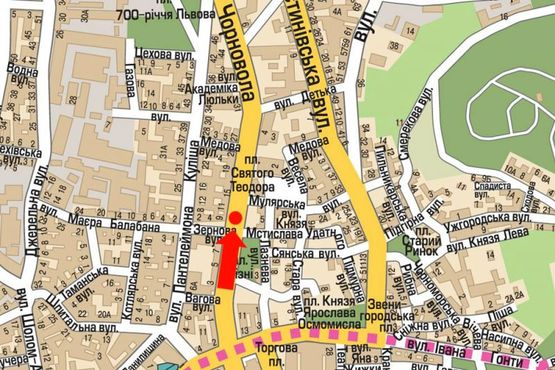 Схема рекламной плоскости по адресу Черновола пр., 9 / Зерновая ул., разделитель, возле отеля "Львов", на светофоре, из центра