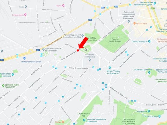 Схема рекламной плоскости по адресу Митрополита Андрея ул. - ул. Шептицких, разделитель, район Политеха, в сторону ул. Бандеры