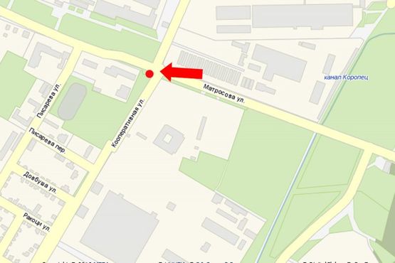 Схема рекламной плоскости по адресу Масарика ул. (бывш. Матросова ул.) / ул. Кооперативная, возле рынка, в центр