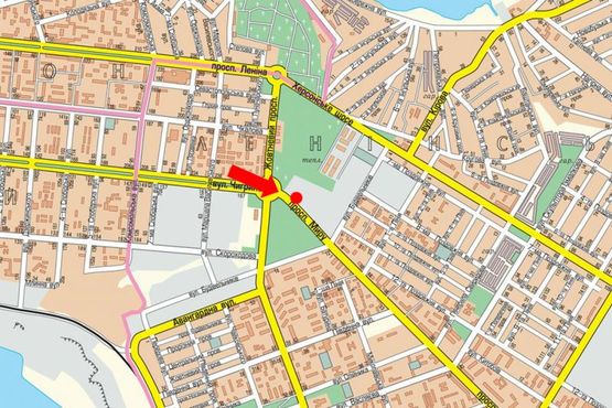 Схема рекламної площини за адресою Мира пр., возле рынка "Колос", супермаркетов "Велмарт", "Эльдорадо", из центра