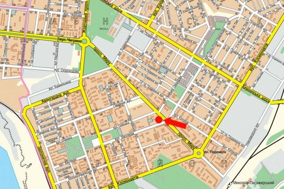 Схема рекламной плоскости по адресу Мира пр. / Театральная ул. (бывш. Васляева ул.), возле Приватбанка, супермаркета "Novus", в центр