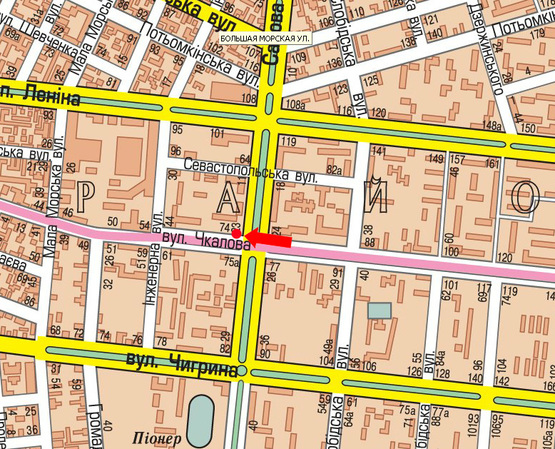 Схема рекламной плоскости по адресу Чкалова ул. / Садовая ул., возле супермаркета "АТБ", разделитель, в центр, правая