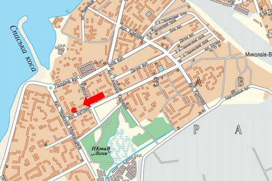 Схема рекламной плоскости по адресу Курортная ул. (бывш. Бутомы ул.) / Озерная ул. (бывш. Красных Маевщиков ул.), из центра