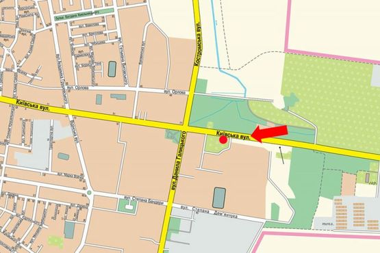 Схема рекламной плоскости по адресу Киевская ул., 90, между АЗС "ОККО" и автосалонами "Альтра-Авто", "Стронг-С", "Валери М", в центр