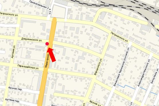 Схема рекламной плоскости по адресу Мира пр. / Дзержинского ул., возле гастронома "Подилля", в сторону ж/д вокзалу