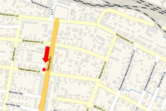 Схема рекламної площини за адресою Мира пр. / Первомайская ул., возле гастронома "Подилля", в центр