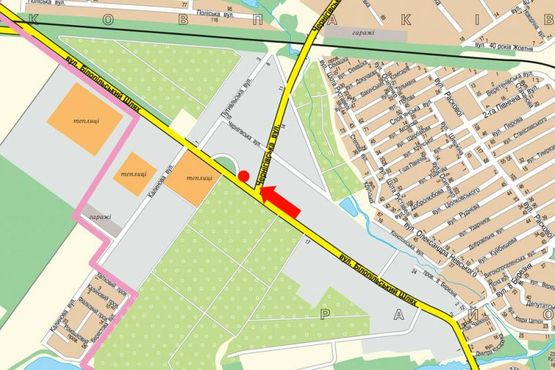 Схема рекламної площини за адресою Белопольский шлях ул. / Черниговская ул., возле АЗС "ОККО", автосалона "Артмотор", из центра