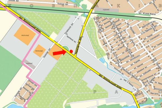 Схема рекламной плоскости по адресу Белопольский шлях ул. / Черниговская ул., возле АЗС "ОККО", автосалона "Артмотор", в центр