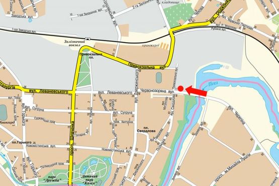 Схема рекламной плоскости по адресу Харитоненко ул. (бывш. Краснозвездная ул.) / Героев Крут ул. (бывш. Черепина ул.)