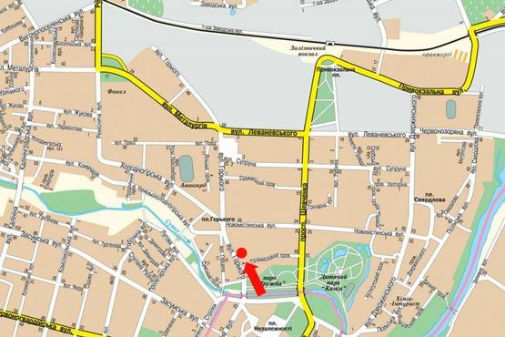 Схема рекламної площини за адресою Горького ул., 2, возле магазина "ТНЦ", Приватбанка