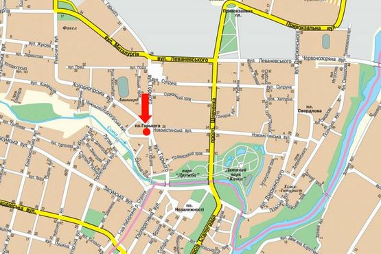 Схема рекламної площини за адресою Горького ул., 23 / Новоместная ул., центр, Дворец Культуры им. Фрунзе