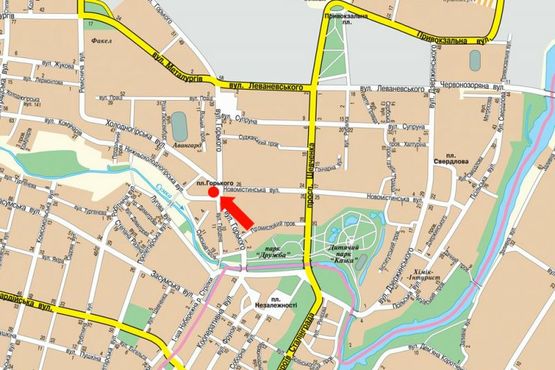 Схема рекламної площини за адресою Горького ул., 23 / Новоместная ул., центр, Дворец Культуры им. Фрунзе