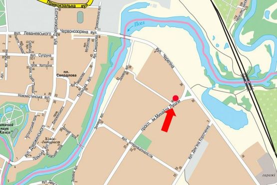 Схема рекламної площини за адресою Лушпы пр., напротив ТЦ "Березка", супермаркетов "АТБ", "Watsons", из центра