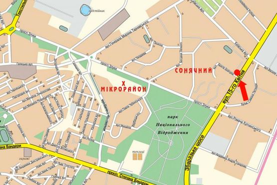 Схема рекламной плоскости по адресу 15-го Апреля ул. / Бойчуков ул., возле ТЦ "Рай Центр", супермаркета "Сильпо", из центра