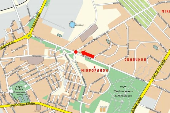 Схема рекламной плоскости по адресу Злуки пр. / Коновальца ул., возле АЗС "Укрнафта", в центр