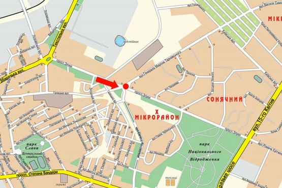 Схема рекламной плоскости по адресу Злуки пр. / Коновальца ул., возле АЗС "Укрнафта", в центр