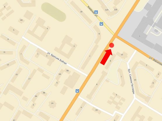 Схема рекламной плоскости по адресу 15-го Апреля ул. / Стуса ул., возле супермаркета "Сильпо", рынка, из центра