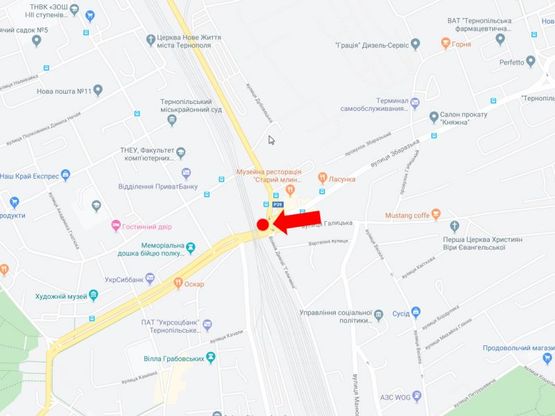 Схема рекламной плоскости по адресу Збаражская ул. - Крушельницкой ул. - Бродовская ул., возле ж/д моста, в центр