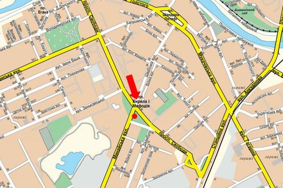 Схема рекламной плоскости по адресу Минайская ул. - пр. Свободы, пл. Кирилла и Мефодия, возле отеля "Закарпаття", на светофоре, из центра