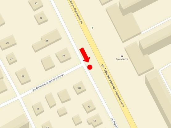 Схема рекламной плоскости по адресу Грушевського ул., 38 / ул. Богомольца, в сторону ул. Минайской