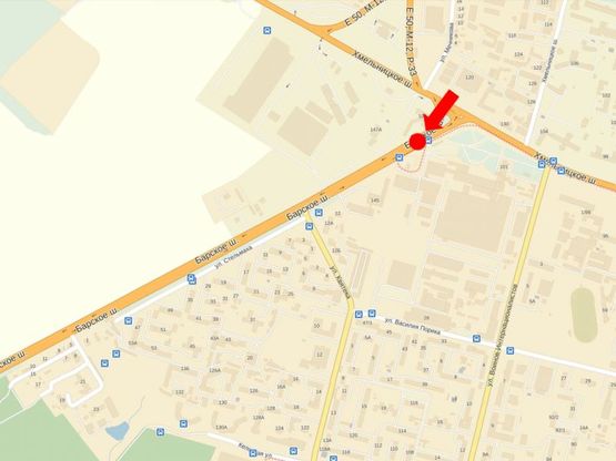 Схема рекламной плоскости по адресу Барское шоссе / Хмельницкое шоссе, разделитель, возле супермаркета "Фуршет", рынка "Западный", из центра