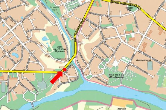 Схема рекламної площини за адресою Чудновская ул. (бывш. ул. Черняховского) / ул. Набережная, возле моста, в центр