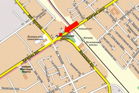 Схема рекламної площини за адресою Киевская ул. / ул. Вокзальная, возле рынка "Киевский", в центр