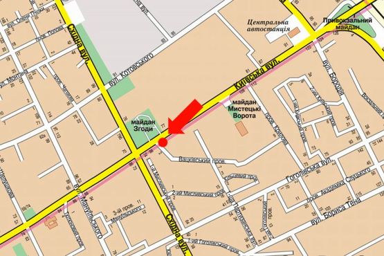 Схема рекламной плоскости по адресу Киевская ул. / пер. Вацковский, , напротив ТРЦ "Глобал", супермаркетов Фокстрот, Эльдорадо, Комфи, Караван, в центр