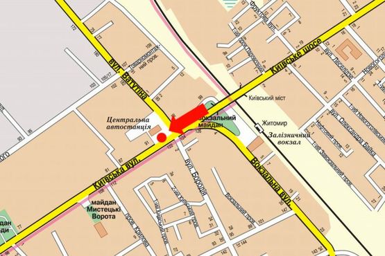 Схема рекламної площини за адресою Киевская ул. / Независимости пр. (бывш. ул. Ватутина), возле автовокзала, на светофоре, в центр