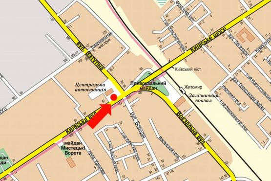 Схема рекламной плоскости по адресу Киевская ул. / Независимости пр. (бывш. ул. Ватутина), возле автовокзала, на светофоре, из центра