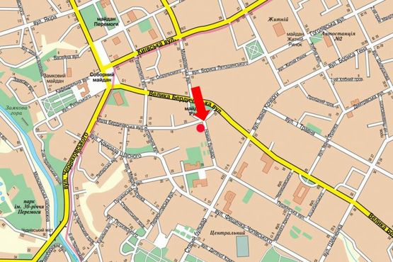 Схема рекламной плоскости по адресу Бердичевская ул. / бул. Новый, пл. Советов, возле кинотеатра "Жовтень", центр
