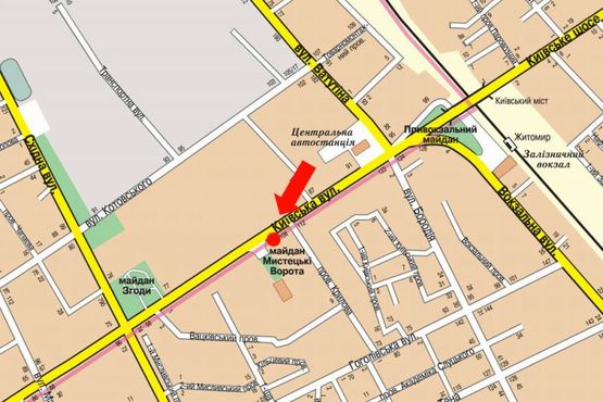 Схема рекламной плоскости по адресу Киевская ул., 104, возле магазина "Викотек", в сторону ТРЦ "Глобал", центр