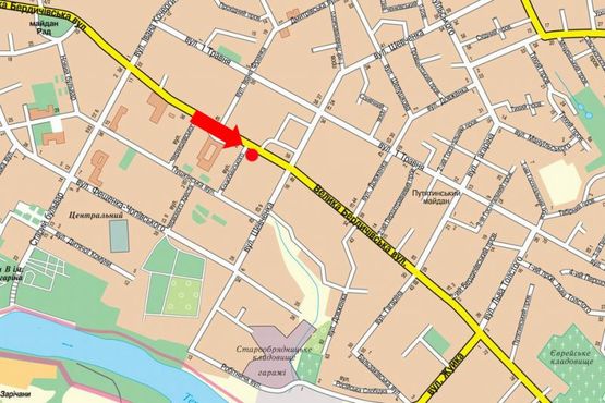 Схема рекламной плоскости по адресу Бердичевская Б. ул. / ул. Коцюбинского, возле Приватбанка, на светофоре, из центра