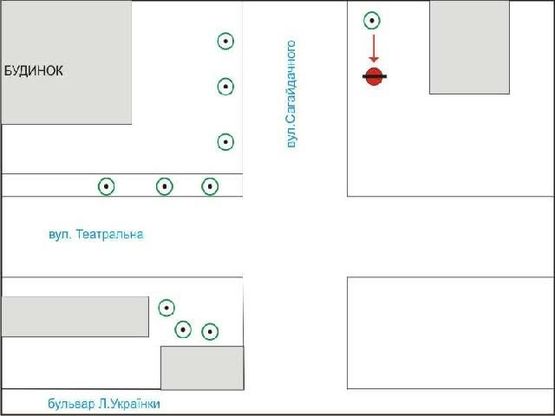 Схема рекламної площини за адресою Сагайдачного ул / Театральная ул, в центр